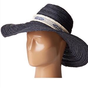 Navy Blue Floppy Wide Brim Aztec White Band Straw Sun Hat San Diego Co NEW